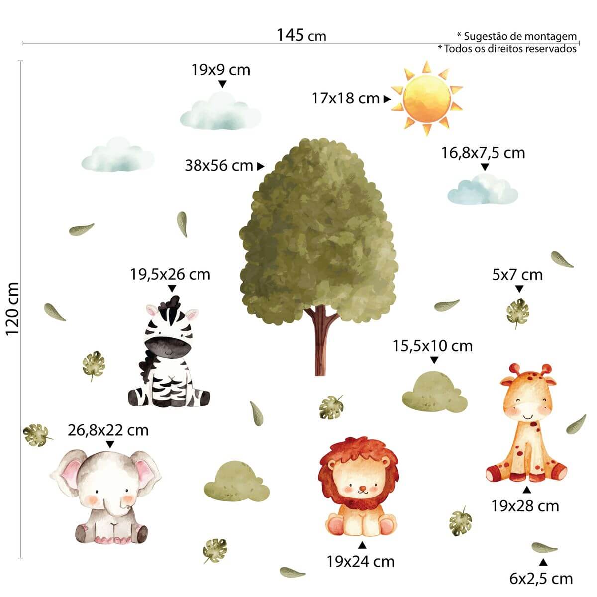 Adesivo de Parede Infantil Safari Aquarela 33 Peças - Imagem 3