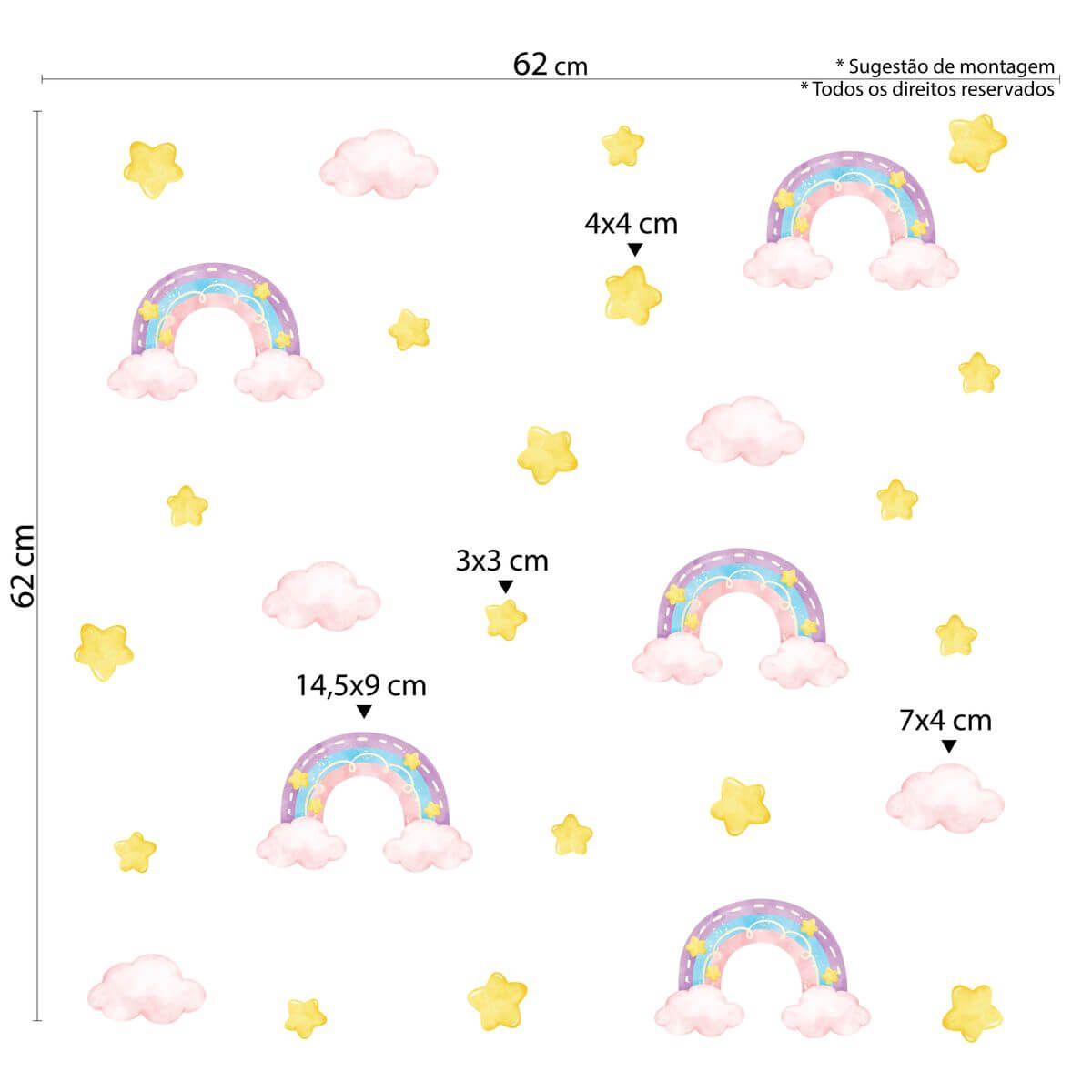 Adesivo de Parede Quarto de Menina Arco-íris, Nuvens e Estrelas - Imagem 2