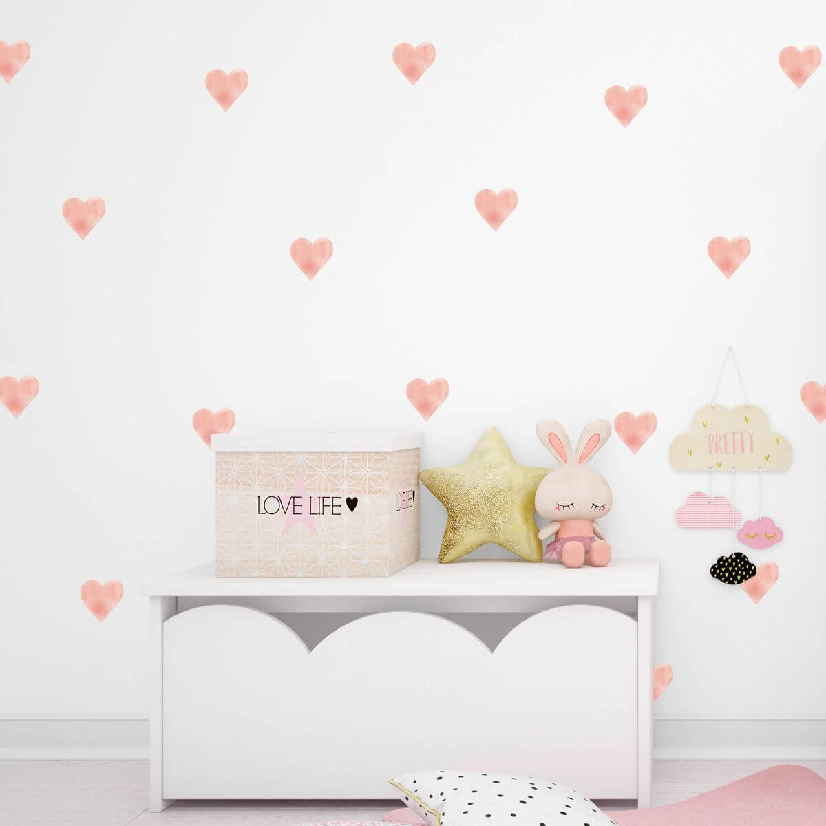 Adesivo de Parede Infantil Corações Rosa Aquarela 45 Un 6 cm