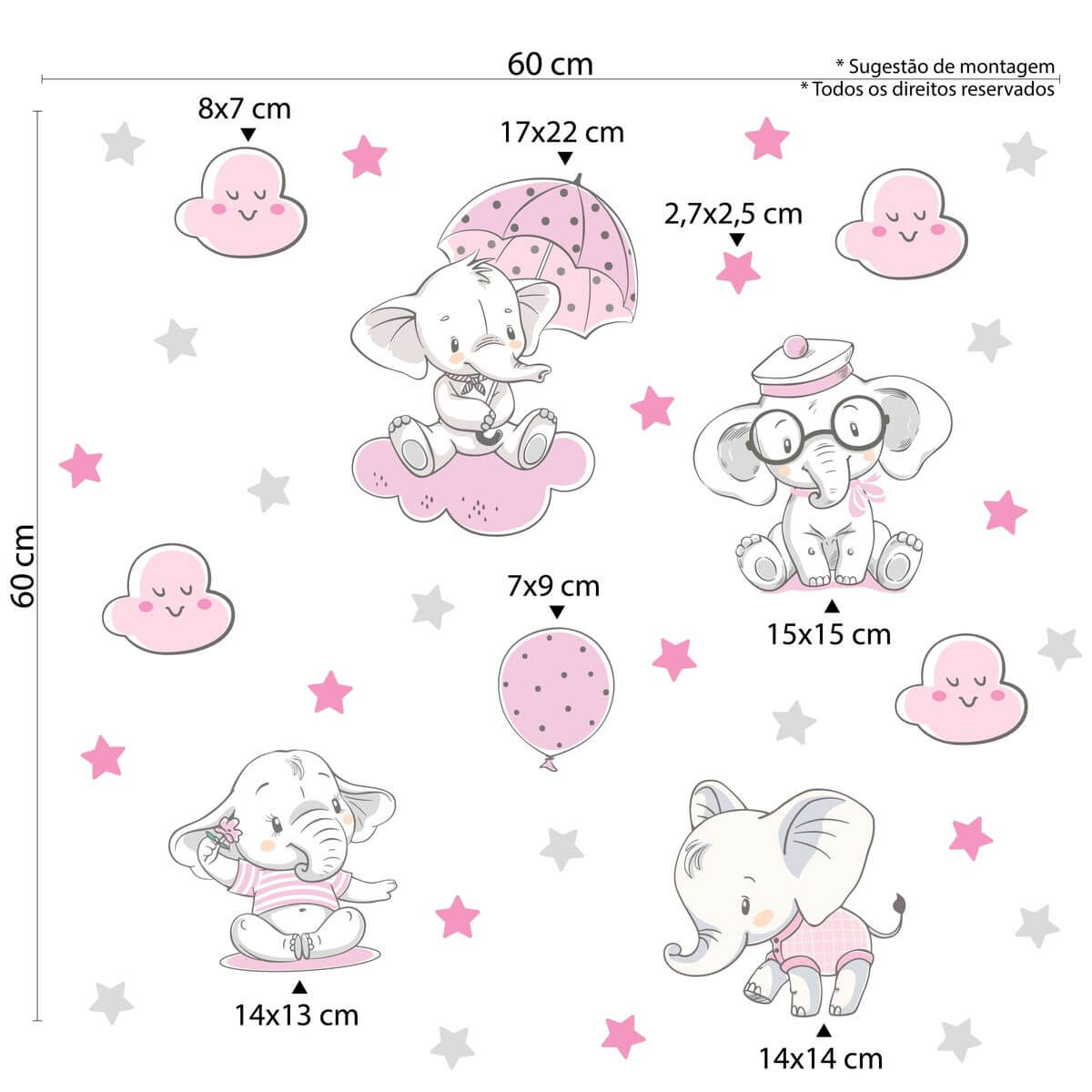 Adesivo de Parede Infantil Elefantes Rosa 34 Peças - Imagem 3