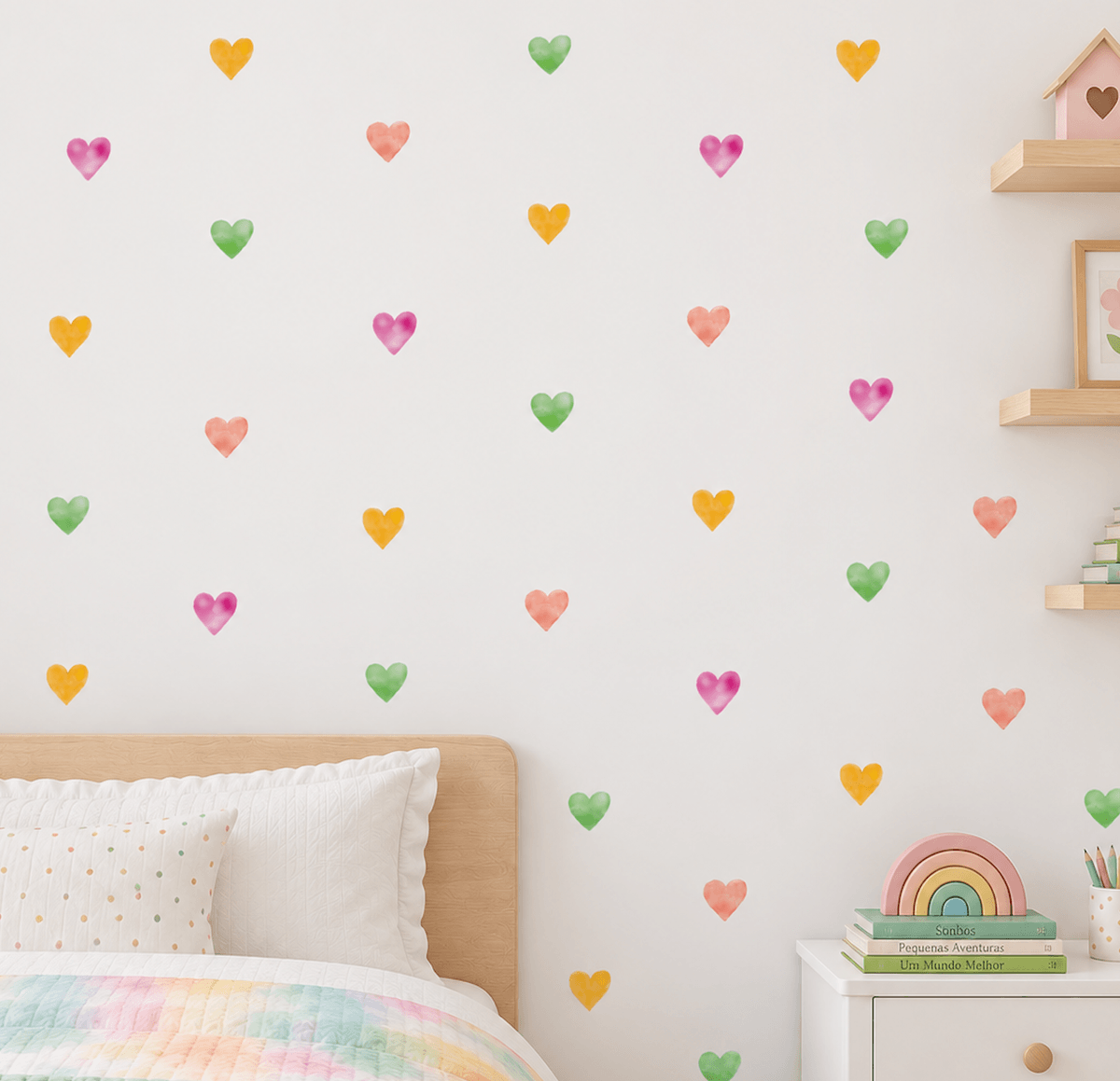 Adesivo de Parede Infantil Corações Coloridos Aquarela