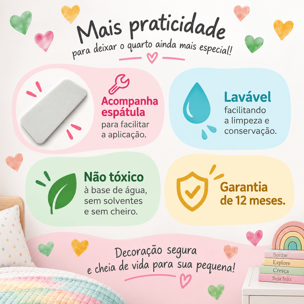 Adesivo de Parede Infantil Corações Coloridos Aquarela - Imagem 2