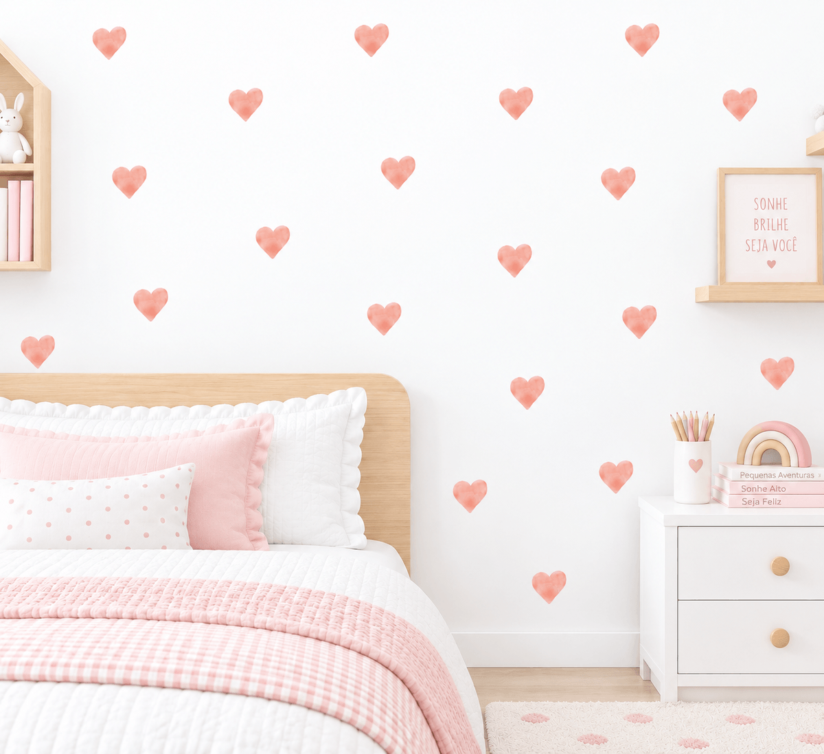 Adesivo de Parede Infantil Corações Rosa Aquarela