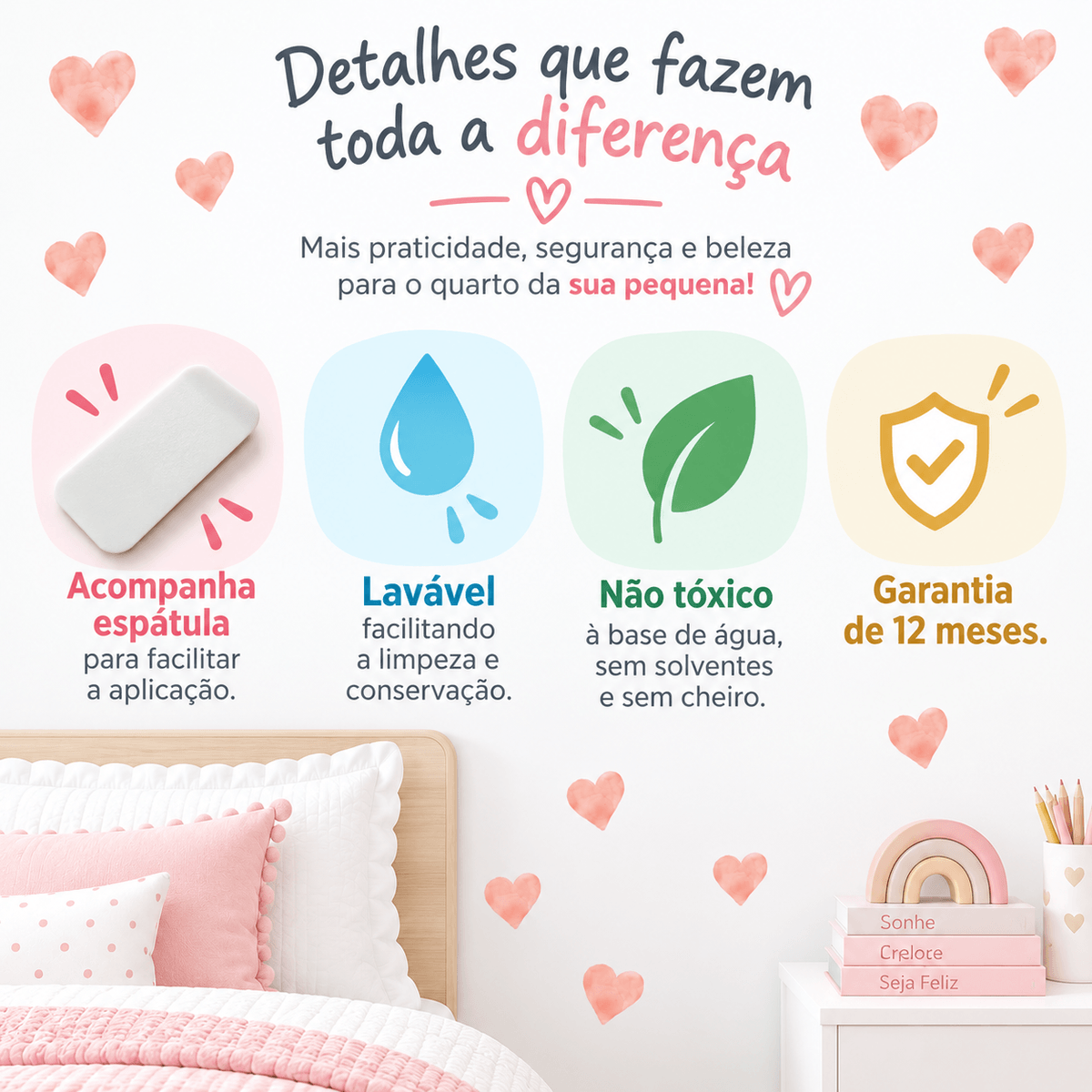 Adesivo de Parede Infantil Corações Rosa Aquarela - Imagem 2