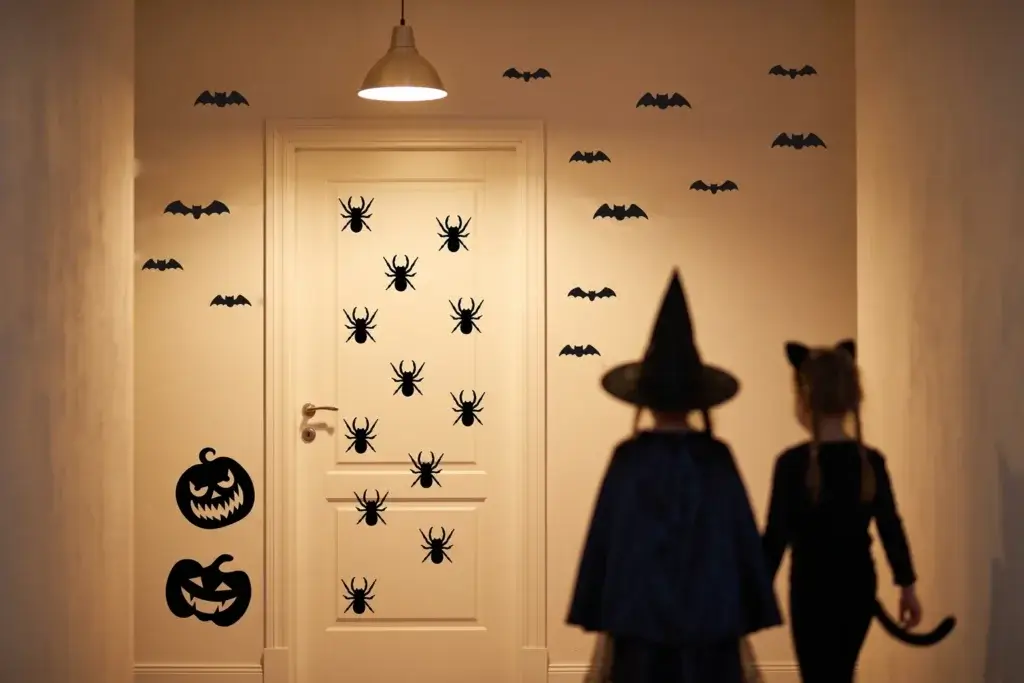 Crianças fantasiadas diante de porta decorada com adesivos de Halloween Quartinhos de morcegos, aranhas e abóboras