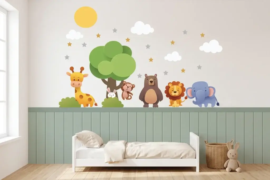 Quarto infantil com adesivo de parede Árvore Zoo e adesivo de cerca Quartinhos atrás da cama